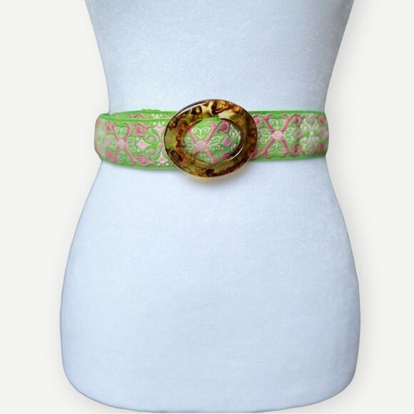 Summery Pink & Green Jacquard Embroidered Tortoiseshell Preppy Fabric Belt. - Picture 1 of 5